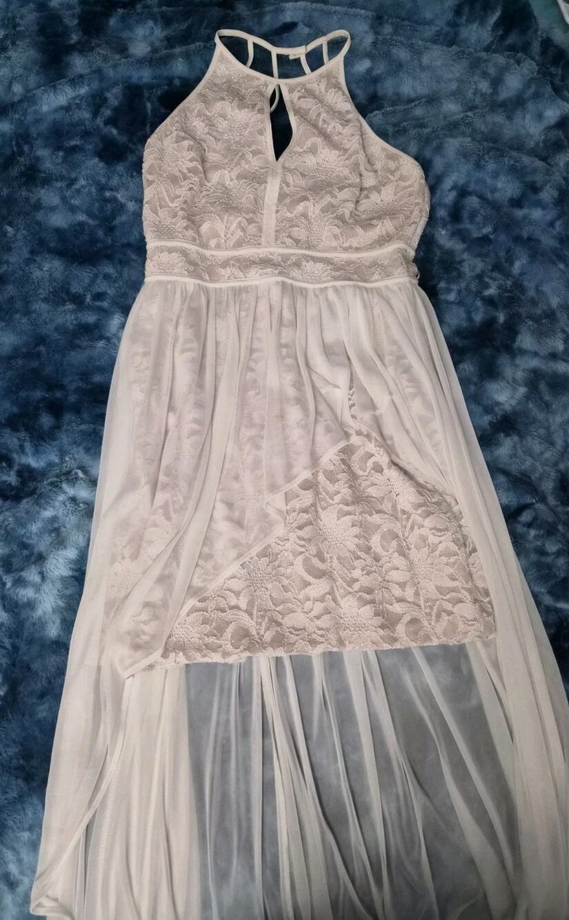 NWOT Size 13 Morgan & Co Blush Hi Lo Dress Glitter Sheer Chiffon Slinky Stretchy